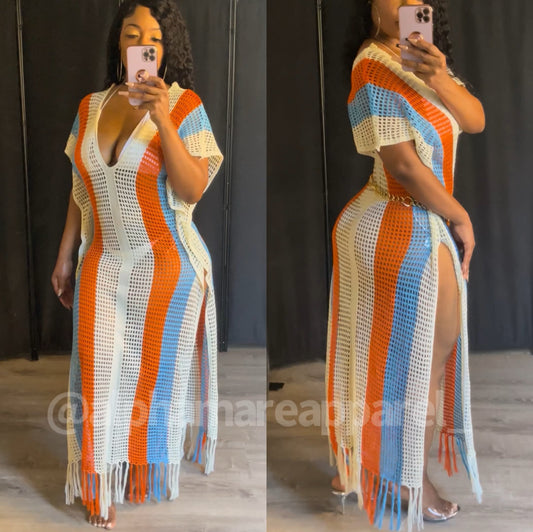 YVETTE Fringed Fishnet V Cut Swimsuit Cover Up