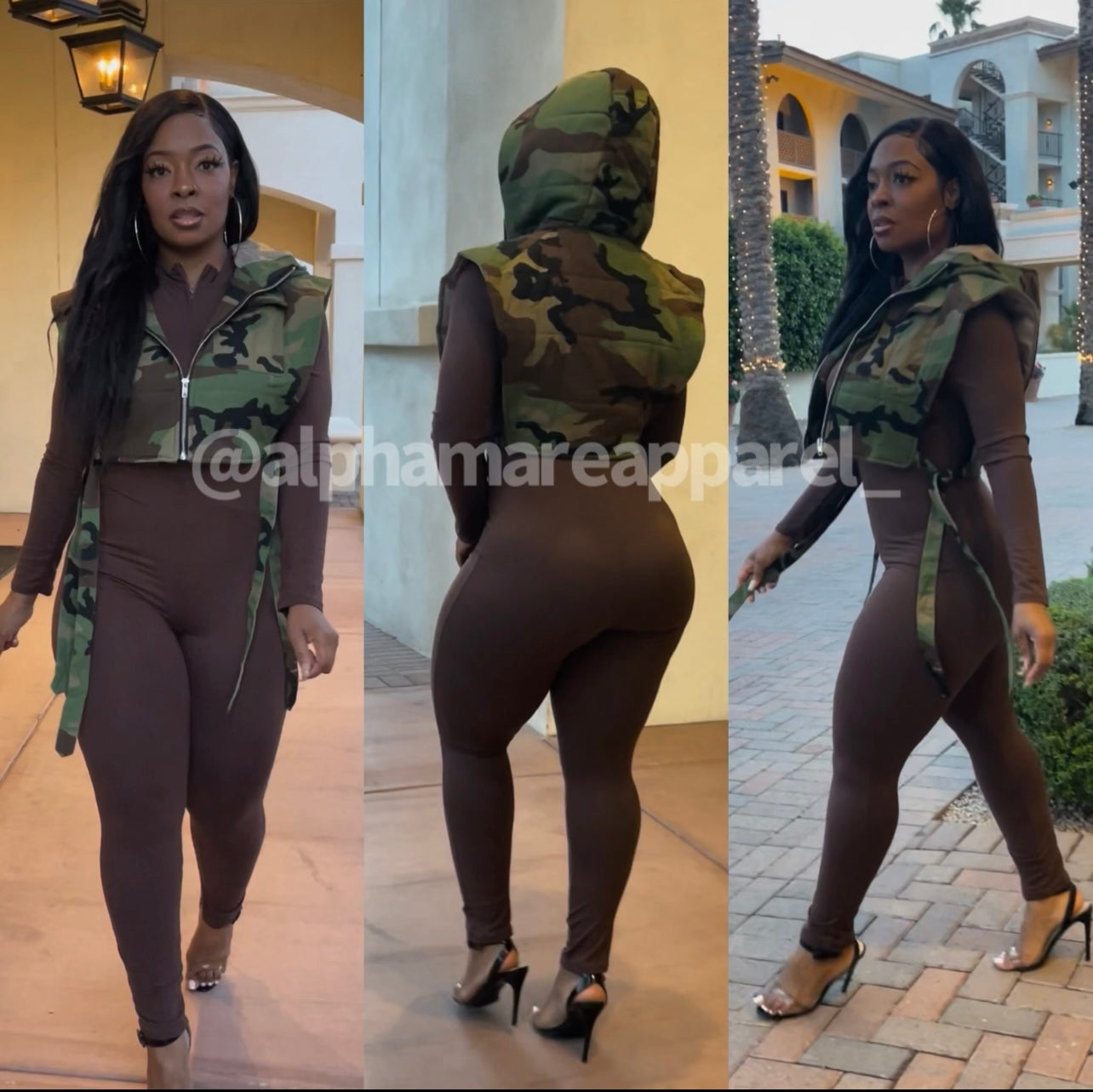 HEATHER Hoodie Tie Up Camo Cropped Jacket Vest