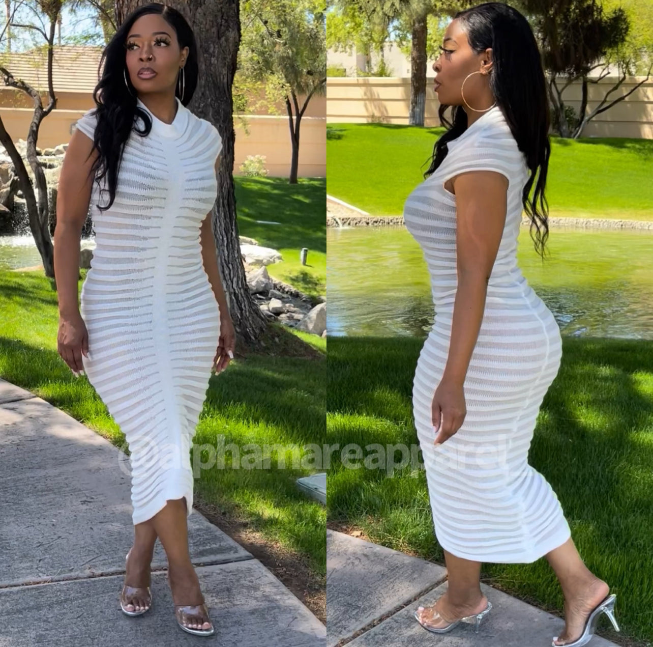 CYRA Cap Sleeve White Striped Sweater Dress