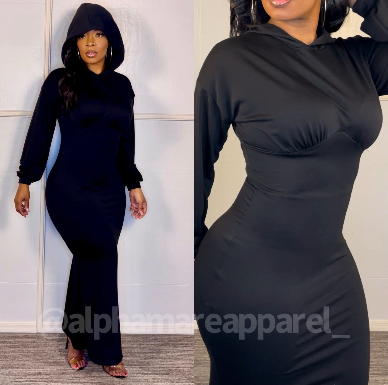 DIXON Long Sleeve Black Hoodie Baby Doll Long Dress