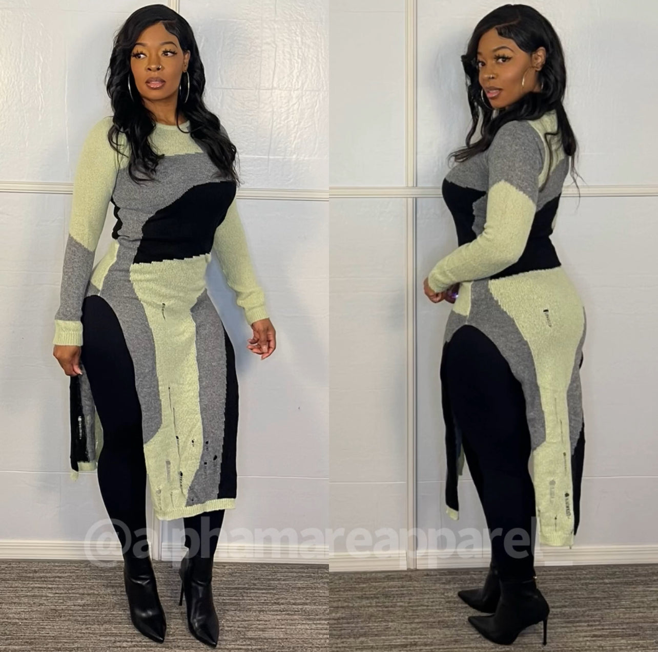 ALLY Long Sleeve Color Block Distressed Sweater Dress