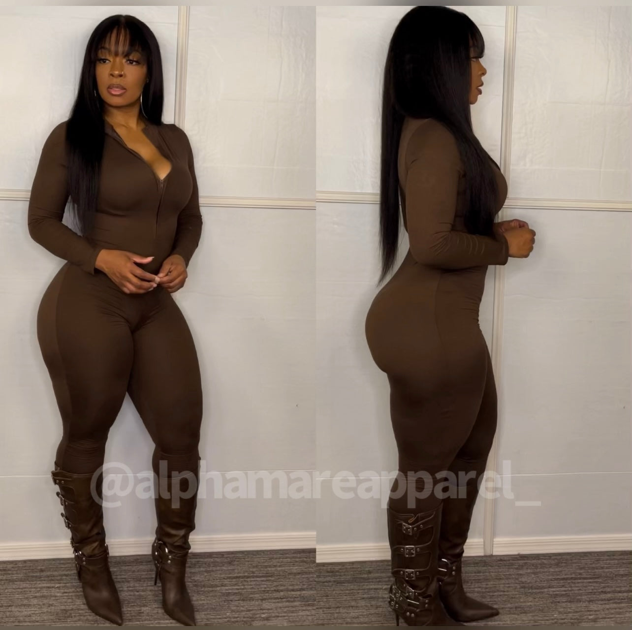 SIERRA Brown Long Sleeve Zipper Front Jumpsuit
