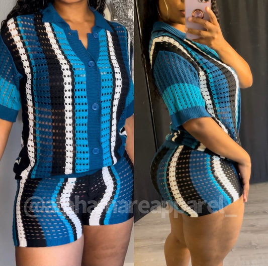 ADRIANN Turquoise Blue Netted Short Set