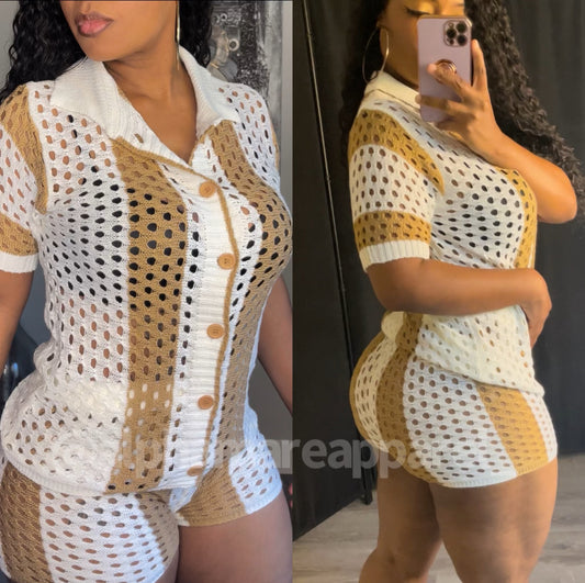 SHAWNA Netted Holy Beige Striped Button Up Matching Short Set