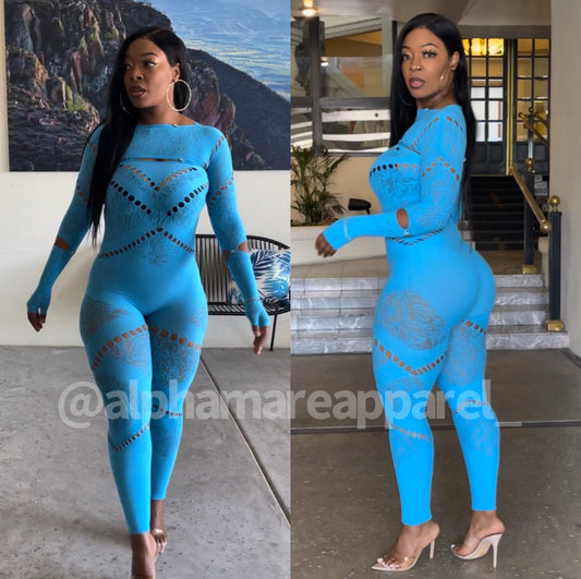 ADELE Blue Tube Top Long Sleeve Thumbhole 2 PC Jumpsuit Set