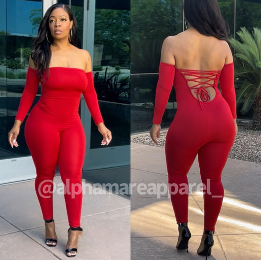LEAH Open Back Lace Up Tube Long Sleeve Red Jumpsuit