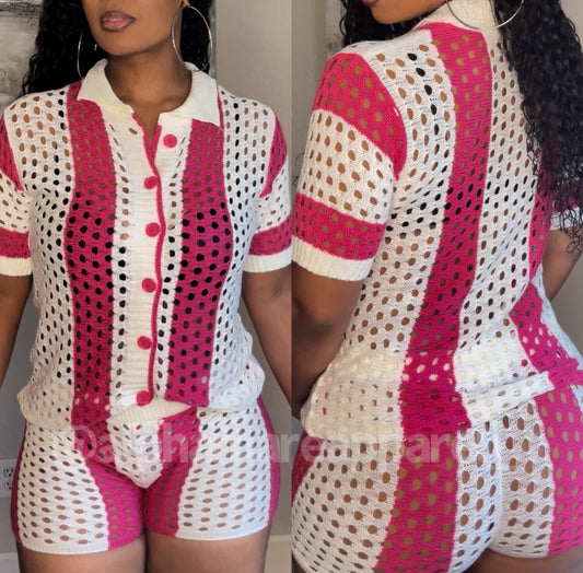 AMBER Netted Holy Pink Striped Button Up Matching Short Set