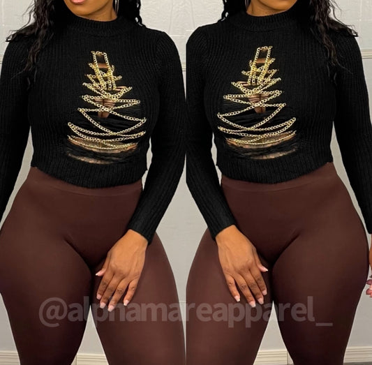 EVA Black Gold Chain Distressed Sweater