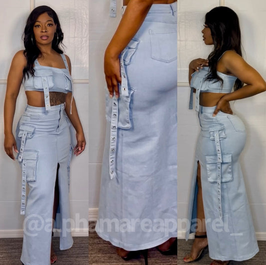 YANDI Light Blue Denim Skirt Set