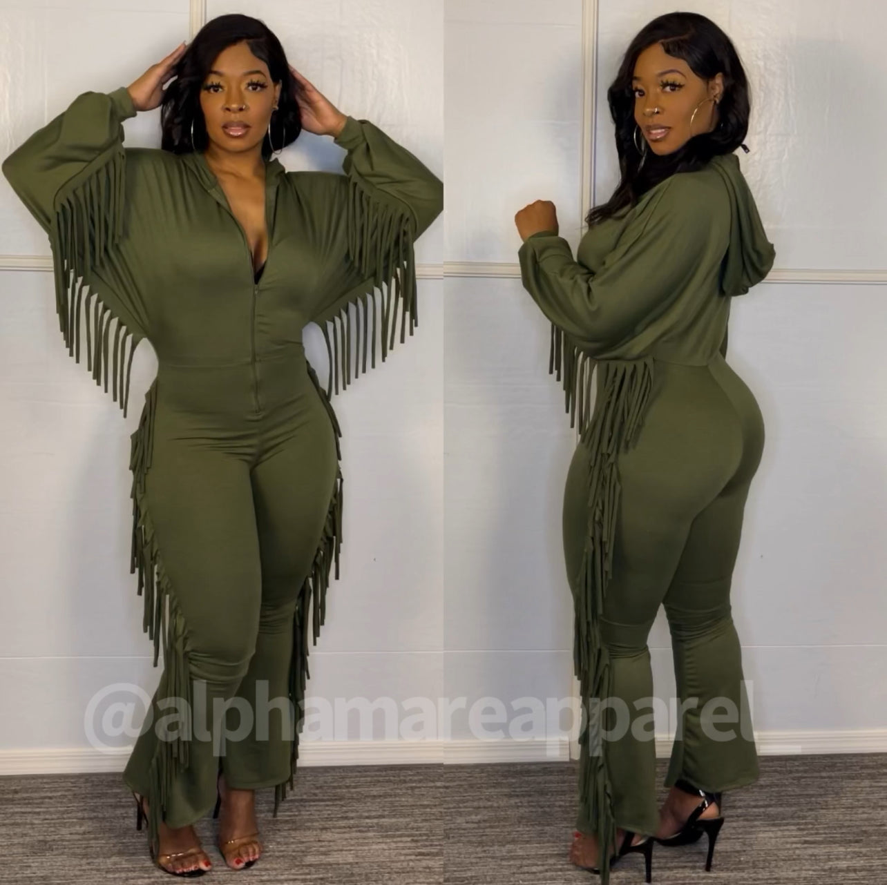 BIANCA Green Long Sleeve Fringe Hoodie Jumpsuit