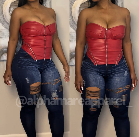 JACKY Red Faux Leather Tube Top