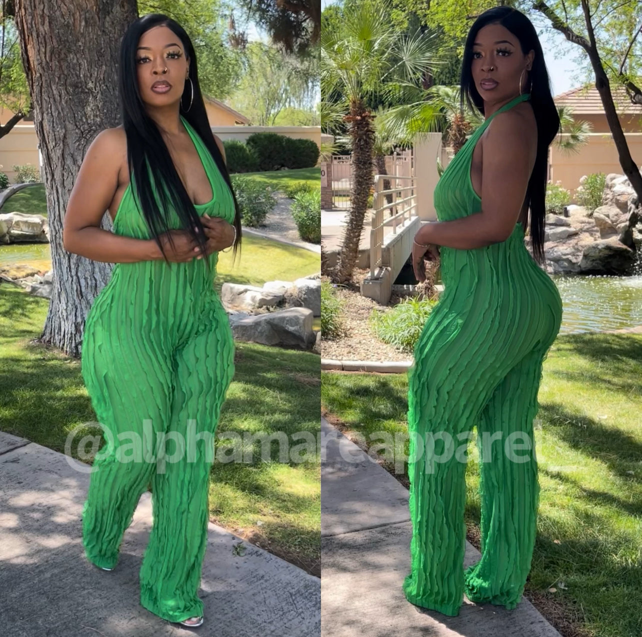 JAMILA V Cut Halter Fringed Green Jumpsuit